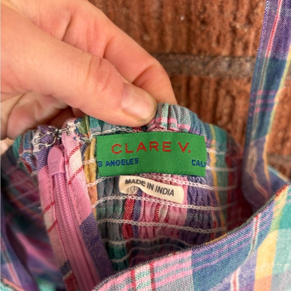 Clare V Lisette Dress Linen Plaid Multicolor Smocked Pockets Country XXL - Picture 10 of 11